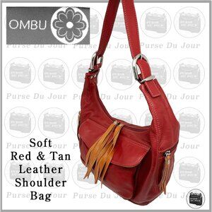 Ombu Red and Tan Soft and Supple Leather Large Shoulder Purse Bag